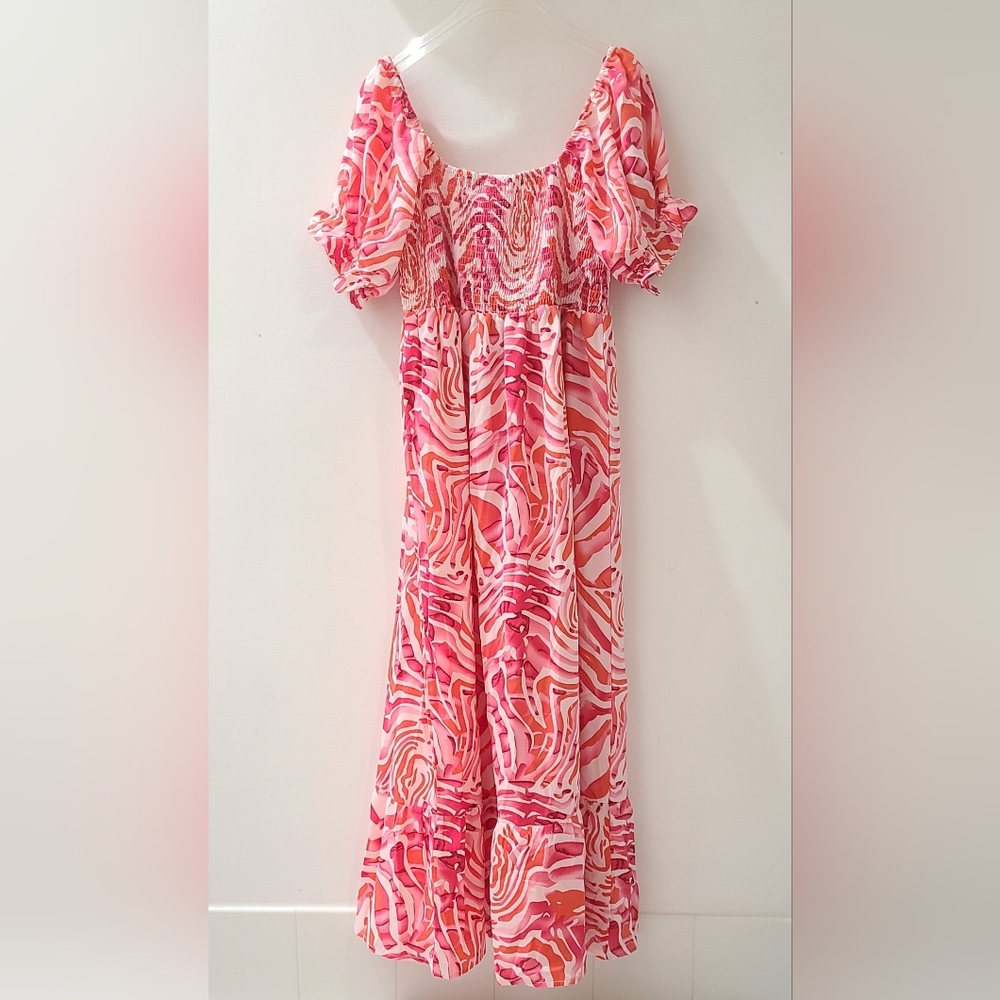 BeachSissi Smocked On or Off The Shoulder Midi Dress in Pink Swirl Sz S NWT - Picture 7 of 15